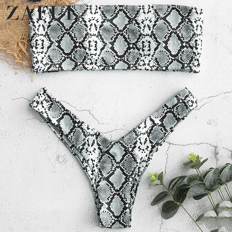 

ZAFUL Swimwear Snake Bikini Swimsuit Beige Red High Cut Leg Set Hot Strapless For Summer Ladies Orange Off Shoulder BIKINI Set
