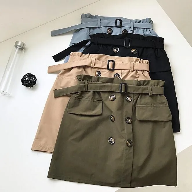 

2019 Summer High Waist Mini Skirt Elegant Belted Buttons Decor Cotton Short Skirt Army Green Khaki