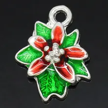 Очаровательные Подвески Рождественский венок цветок посеребренный Эмаль Красный и зеленый 18x14 мм, 10 шт(B27863