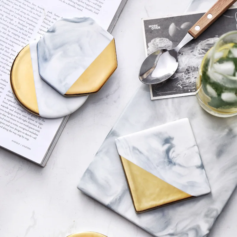 

European Style Marble Stripes Ceramic Coaster Round Square Hexagon Porcelain Desktop Non-slip Mug Cup Mat Pad Gilt Luxury Decor