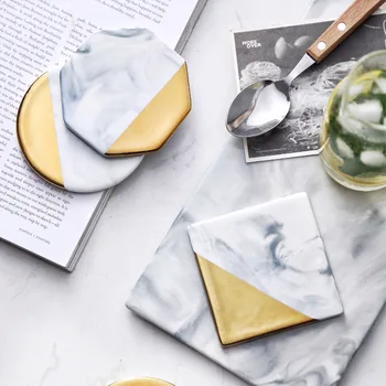 

European Style Marble Stripes Ceramic Coaster Round Square Hexagon Porcelain Desktop Non-slip Mug Cup Mat Pad Gilt Luxury Decor