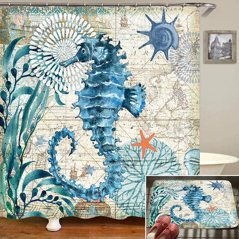 

Ocean Style Shower Curtain Bathroom Mat Non-Slip Toilet Lid Cover Rug Set