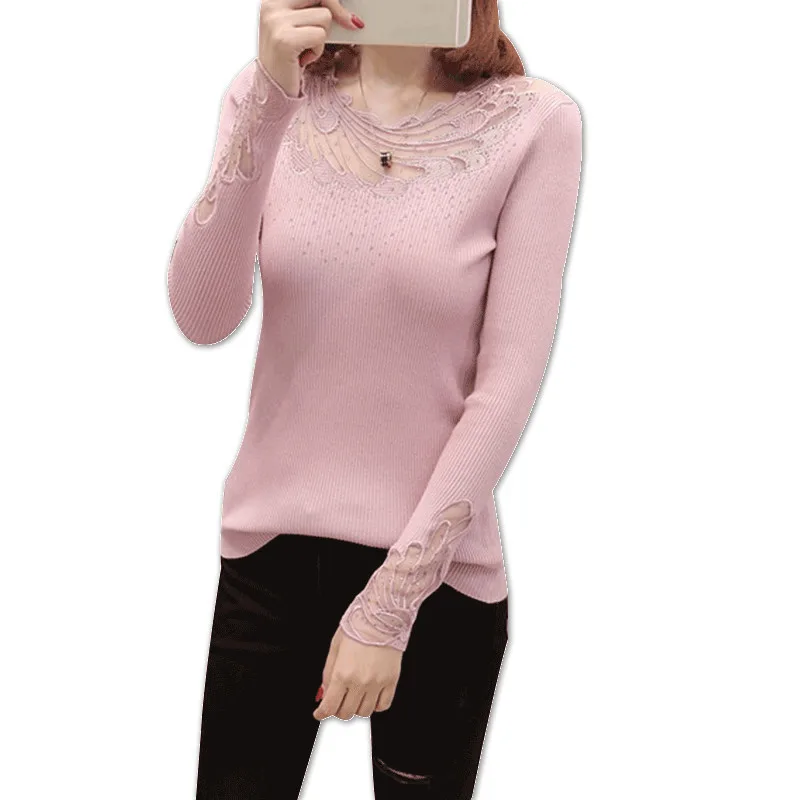 New Spring Autumn Sweater And Pullover Female Korean O-neck Long Sleeve Slim Bottoming Lace Pullover Jumpers Women Tops
