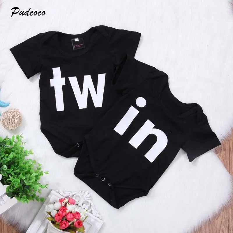 

2019 Brand Newborn Baby Boys Girls Twin Romper New Summer Letter Twin Matching Sunsuit Outfits Cotton Casual Clothes 0-18M