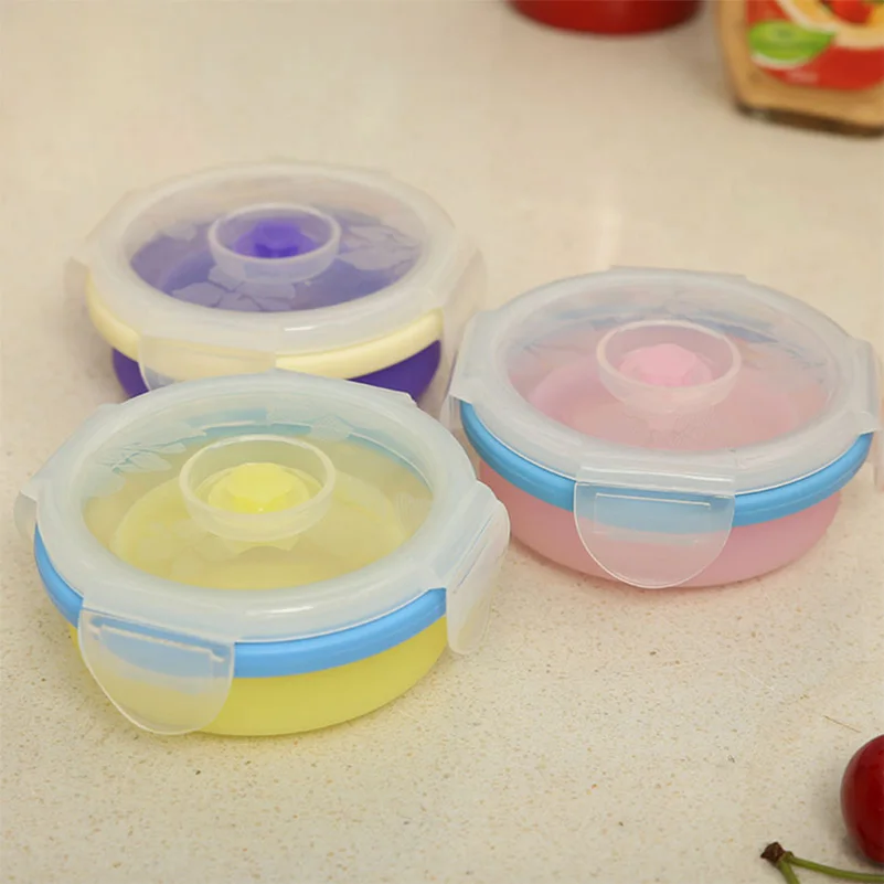 

1pc Round Lunch Bowl Green Silicone Folding Microwave Bento Food Container 200ml