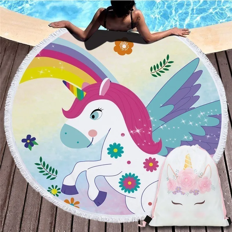 

2019 Newest Cartoon Rainbow Unicorn Round Summer Beach Towel Blanket Game Mat Tapestry With Storage Bag Basket Bundle Pocket