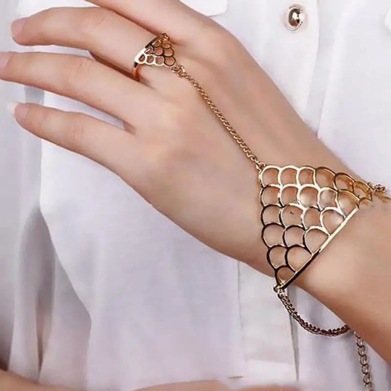

Retro Punk Gold Silver Chic Bracelet Slave Chain Link Bangle With Finger Decor Hand Harness