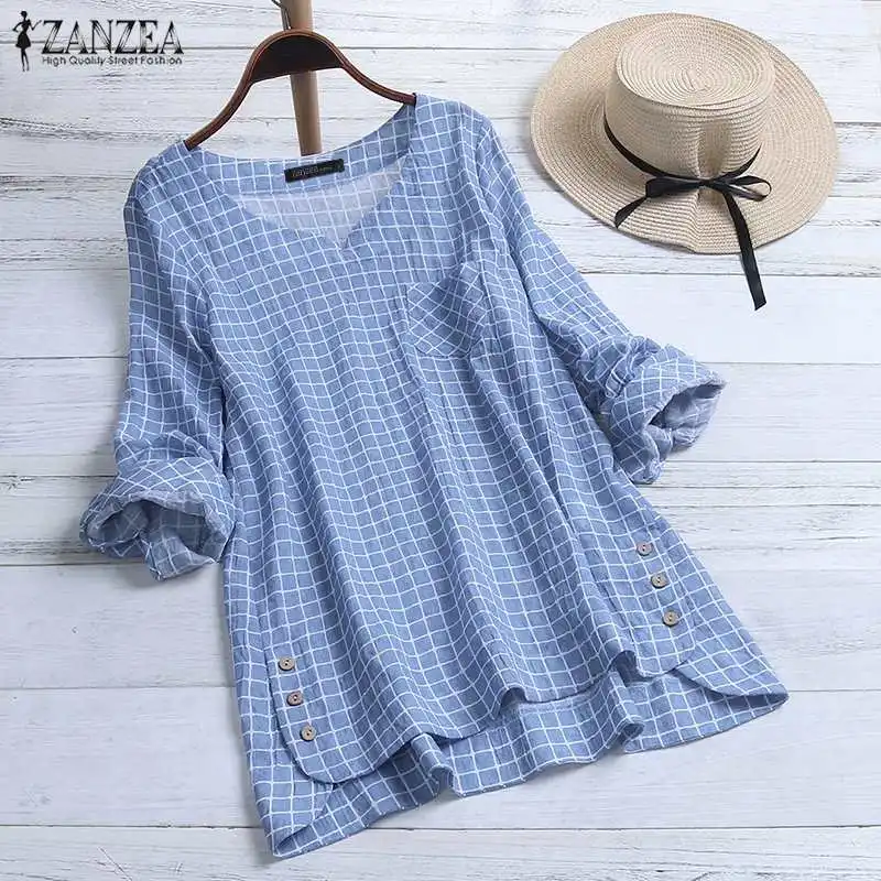 

ZANZEA Summer Plaid Checked Blouse Women Elegant V Neck Work Shirt Femininas Blusas Female Long Sleeve Tunic Tops Casual Chemise