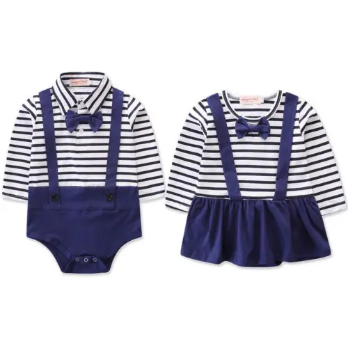 Twin Baby Boy Girl Navy Striped Jumpsuit