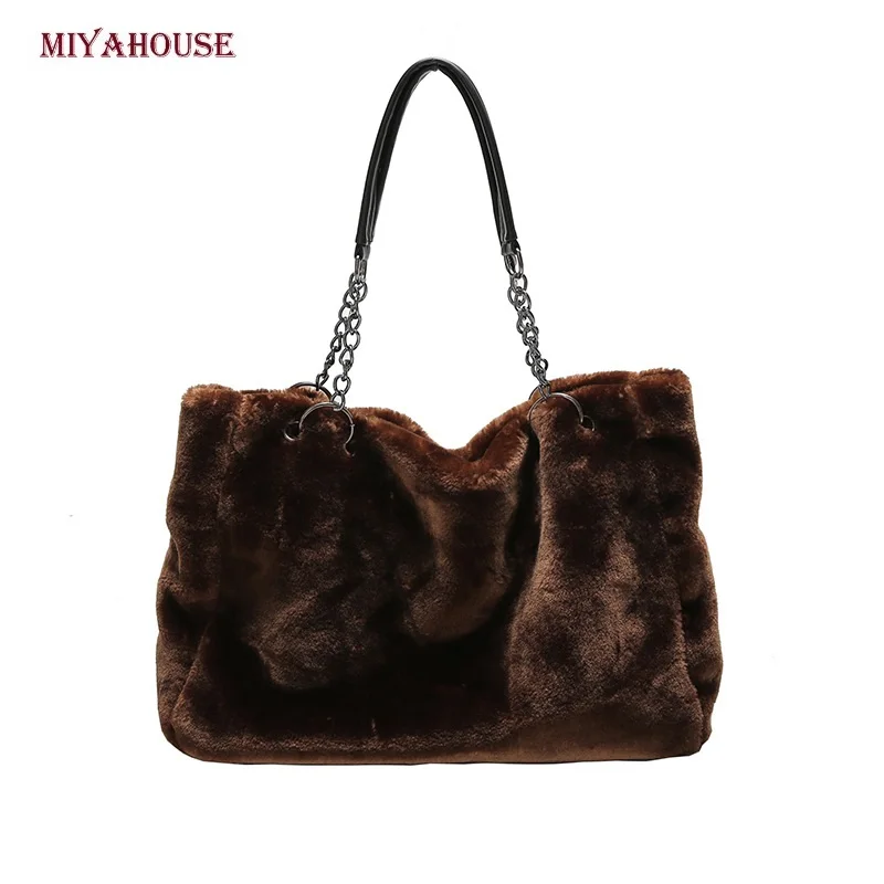 

Miyahouse Casual Solid Color Shoulder Bags For Women Faux Rabbit Fur Chain High Capacity Handle Bags Ladies Winter Plush Handbag