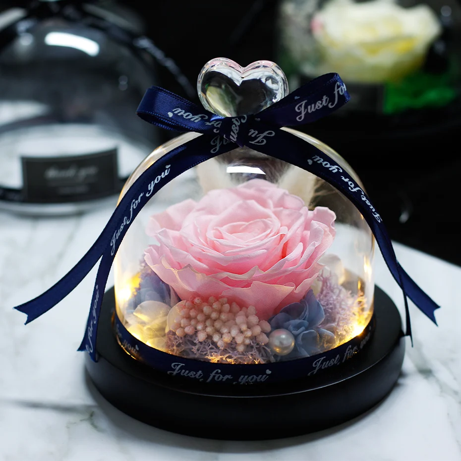 La primera flor rosa en frascos de cristal recibe flores inmortales en la cubierta de cristal regalo romántico para los amantes regalos de cumpleaños cultura del hogar