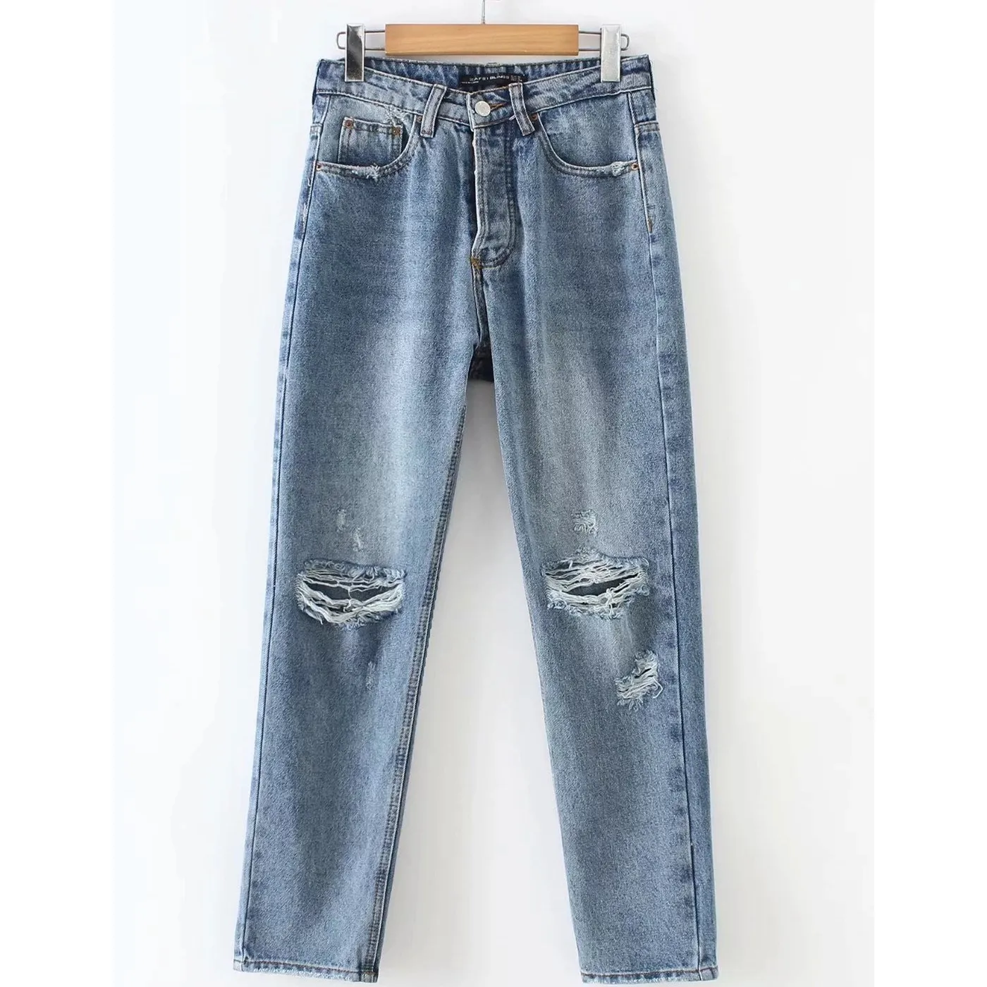 2019 Новинка весны пустое отверстие прямые джинсы для женщин Винтаж Высокая талия джинсовые брюки женские однотонные повседневные штаны