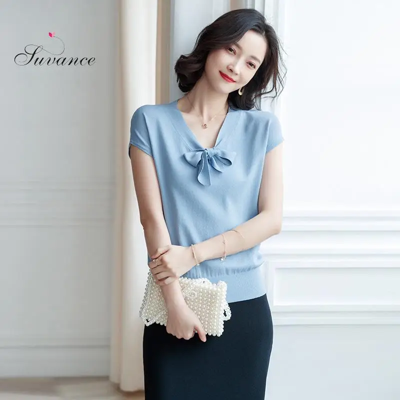

Suvance 2019 Fashion Knitted 4 Solid Color V Neck Pullover Slim S-l Short Sleeve Women Thin Sweater Jl-xy9919