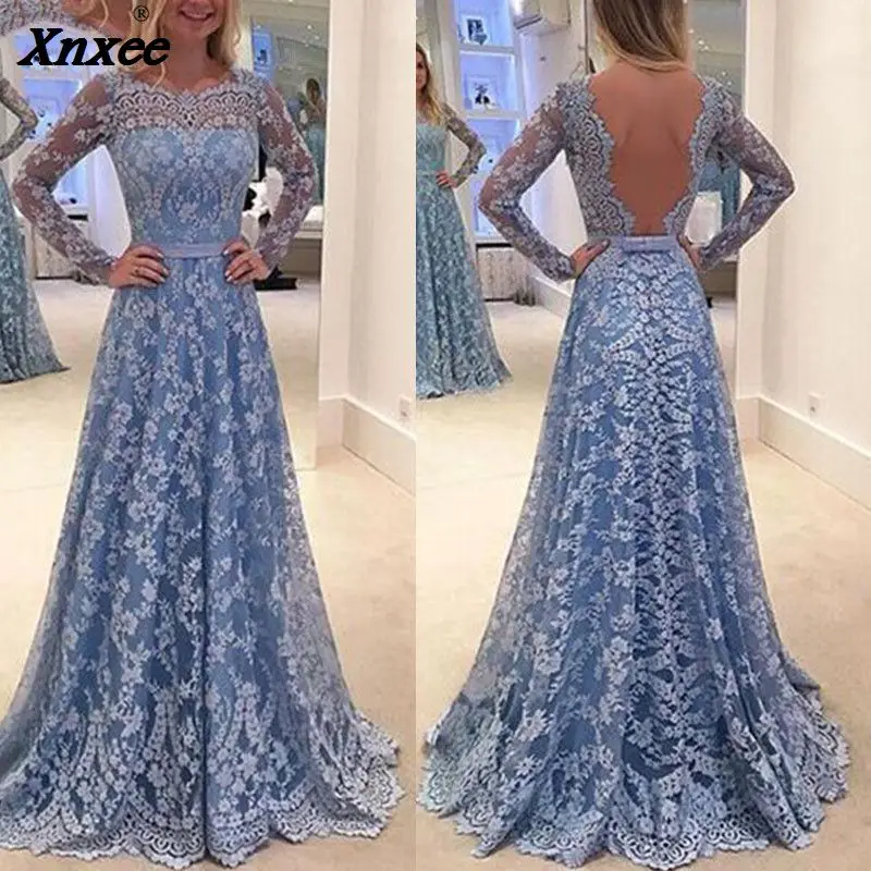 

2018 Autumn Women Party Dress Elegant Lace Full Sleeve Backless Slim Sexy Gown Dresses Female Clothes Plus Size S M L XL XXL