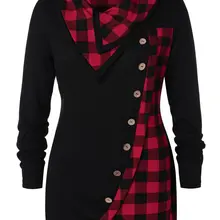 Wipalo размера плюс кнопка перекоса плед шнурок сплайсированные футболки повседневные Дамы с длинным рукавом Осень Твердые футболки женская одежда 5XL