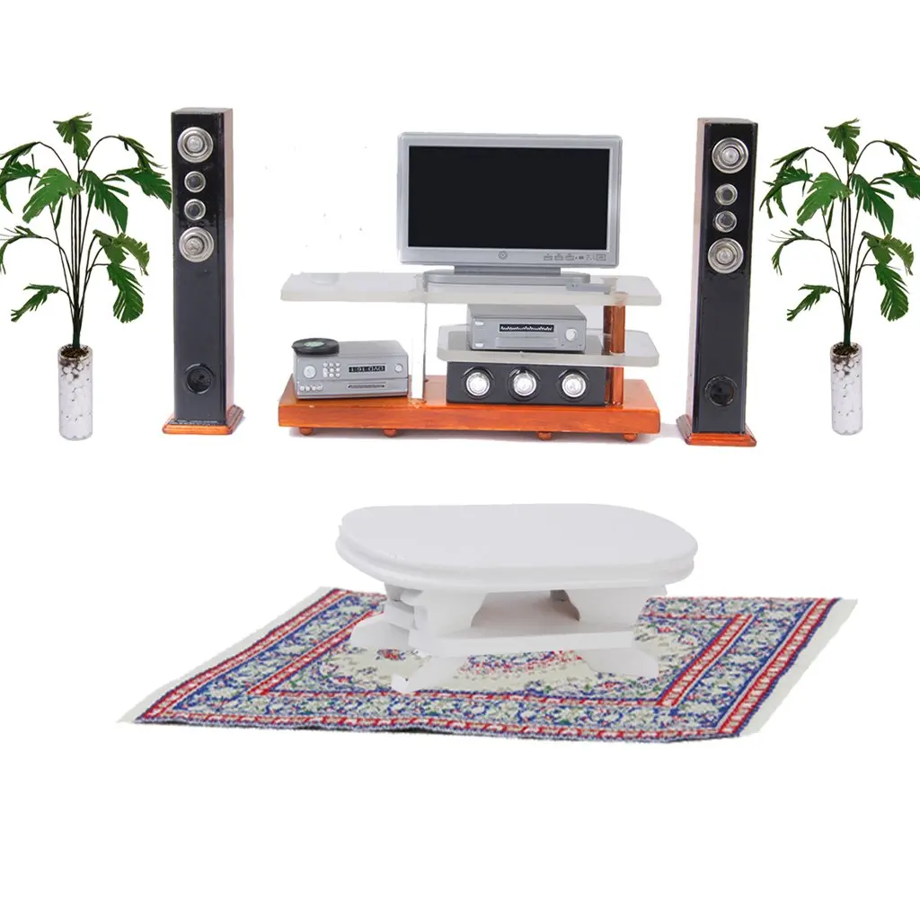 1:12 مقياس دمية غرفة المعيشة مجموعة اثاث خشبي نهاية الجدول DVD التلفزيون نموذج مصغر بيت الدمية اكسسوارات الديكور