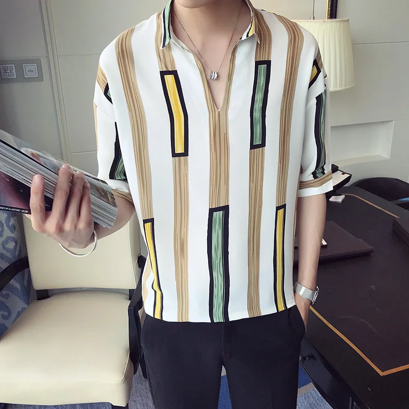 

Casual Vertical Stripe V Collar Short Sleeve Contrast Color Male Loose Shirts 2019 Summer Chiffon Thin Youth Men Slim Shirt
