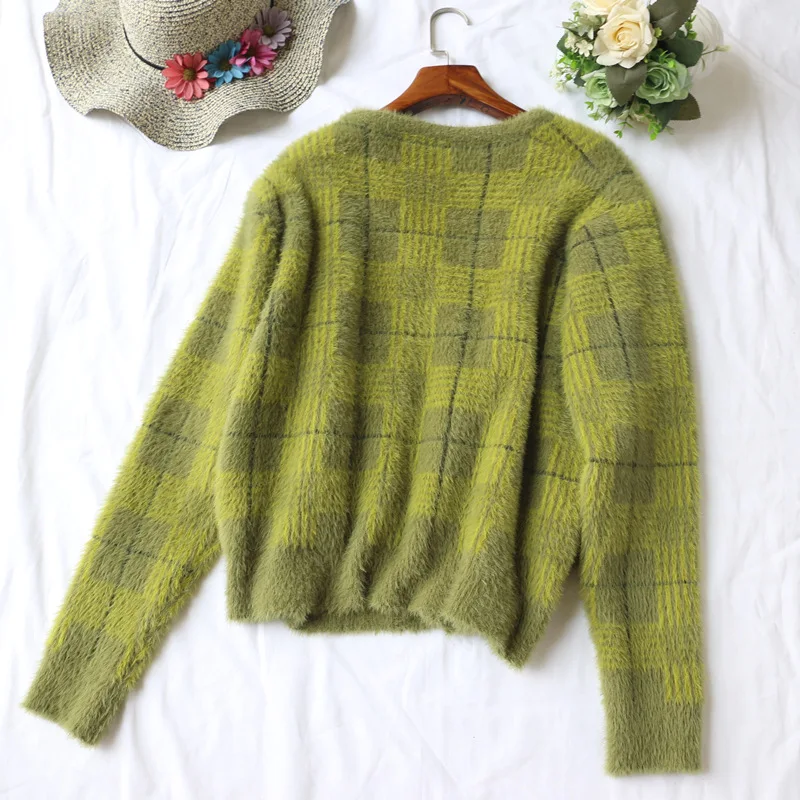 New Vintage Plaid Green Plush Knitted Cardigan V-neck Loose Sweater Trend Autumn Winter 2019 Winter Clothes Sweater Women New Vintage Plaid Green Plush Knitted Cardigan V-neck Loose Sweater Trend Autumn Winter 2019 Winter Clothes Sweater Women
