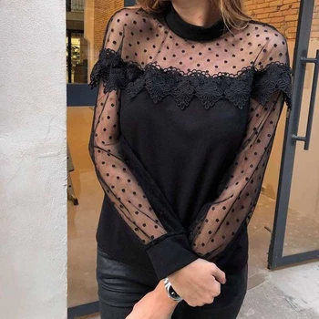 

Fashion Women Blouse Black Ruffle Women Top See Through Womens Tops And Blouses Shirt Women Long Sleeve Blouse Roupa Feminina
