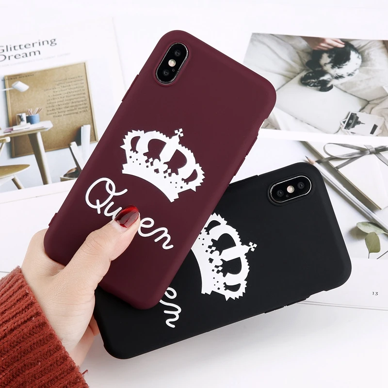 Матовый чехол для телефона с короной для iPhone 11 Pro Max XS Max X XR King queen чехол s 7 6 6s 8 Plus сплошной карамельный цвет Мягкий ТПУ полный Чехол