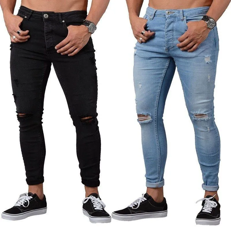 2019 Men's Fashion Spring Jeans Slim Hiphop Skinny Ripped Hole Jeans Men Casual Pleated Blue Black Hip Hop Biker Jeans O8R2