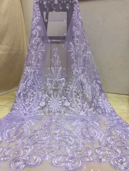 

Free shipping (5yards/pc) embroidered lilac color African French net lace fabric with beads and sequins for party dress