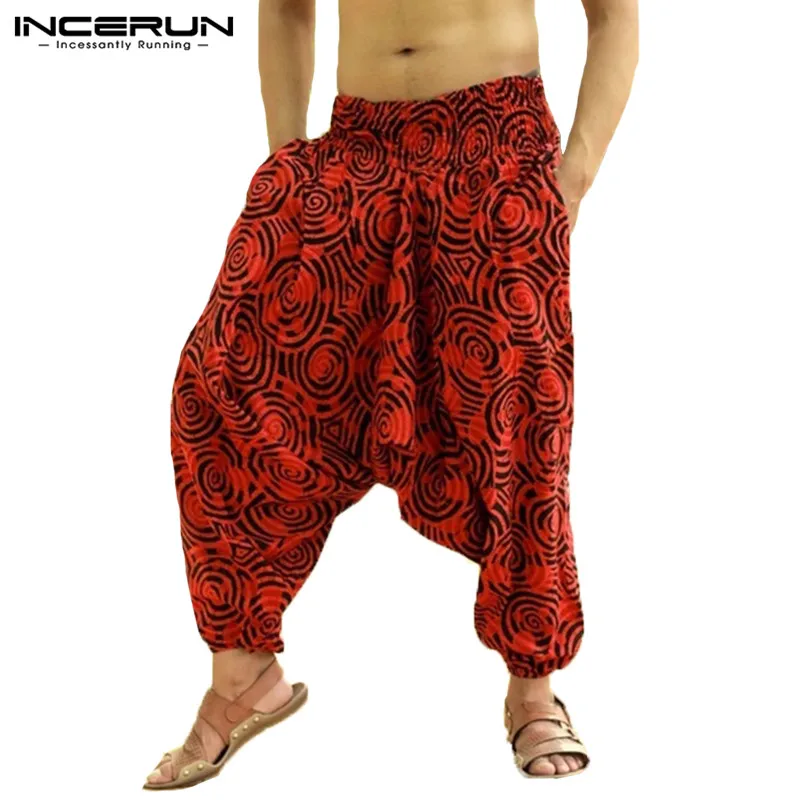 

INCERUN 2019 Drop Crotch Men Harem Pants Print Joggers Baggy Hiphop Trousers Men Loose Streetwear Retro Men Casual Pants Summer