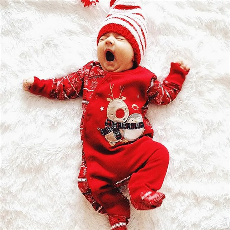 0-24 м Рождество Новорожденный ребенок одежда малыш мальчик девочка хлопок красный цветочный Снежный комбинезон милый зимний комплект одежды пижама для вечеринки домашняя одежда