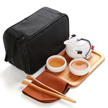 

Portable Travel Tea Set Porcelain White Kung Fu Tea Ware with Teapot & 2 Teacups & Tray & Cloth & Tong & Bag