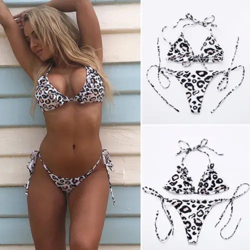 

Women Ruffle Leopard Two-piece String Bikinis Swimwear Leopard Bikini Bathing Triangle Swimsuit Bandage Tankini