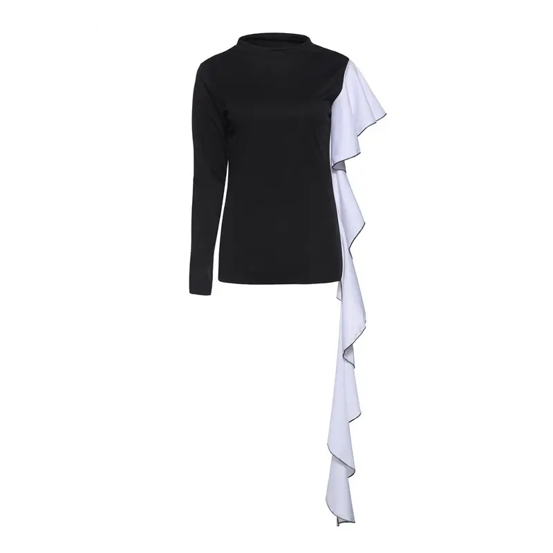 Black T Shirt Women Tops White Ruffles Asymmetric Patchwork Design Stretch Slim Elegant Sexy Spring Stylish Chic Casual T Shirts