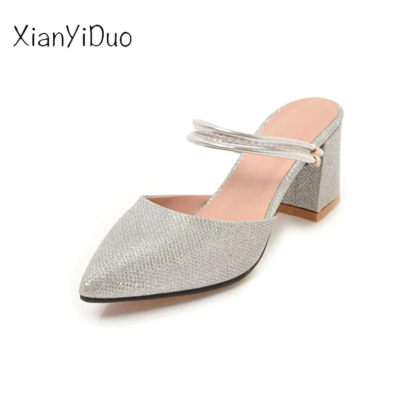 

xianyiduo 2019 new Summer outside Women's Shoes Slippers Gold Silver high Heels block plus size 34-46 Closed toe Slides /d-6
