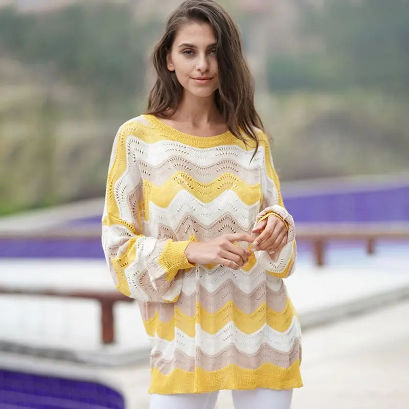 Brand Boho Stripe Knitted Sweater Women Stylish Hollow Out Yellow Street Loose Pullovers Ladies Autumn Thin Casual Knitwear Top Brand Boho Stripe Knitted Sweater Women Stylish Hollow Out Yellow Street Loose Pullovers Ladies Autumn Thin Casual Knitwear Top