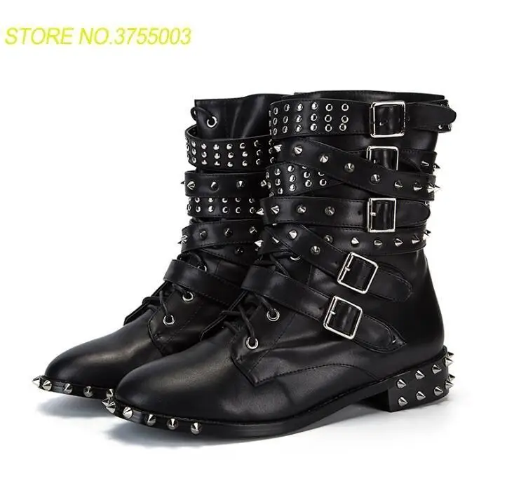 

Spring Hot Women Fashion Motorcycle Boots Black Smooth Leather Pointed Toe Stud Buckles Ladies Martin Boots Knight Style Boots