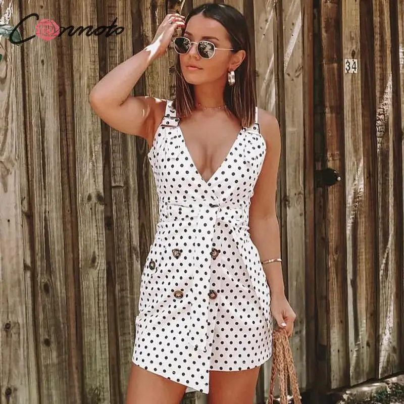 

Conmoto Fashion Sexy V Neck Polka Dot Blazer Dress Women Wrap Sashes Button Party Short Dress 2019 Summer Office Ladies Vestidos