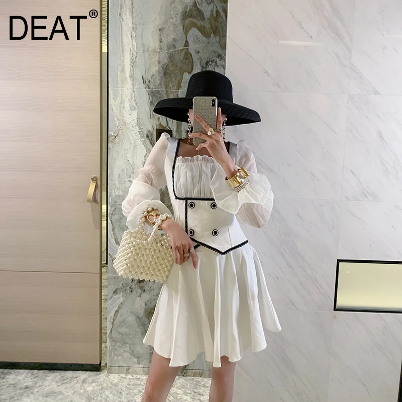 

DEAT 2019 NEW Spring And Summer Fashion Women Clothes Square Collar Flare Sleeves Waist Belts A-line Dresses WF72800L