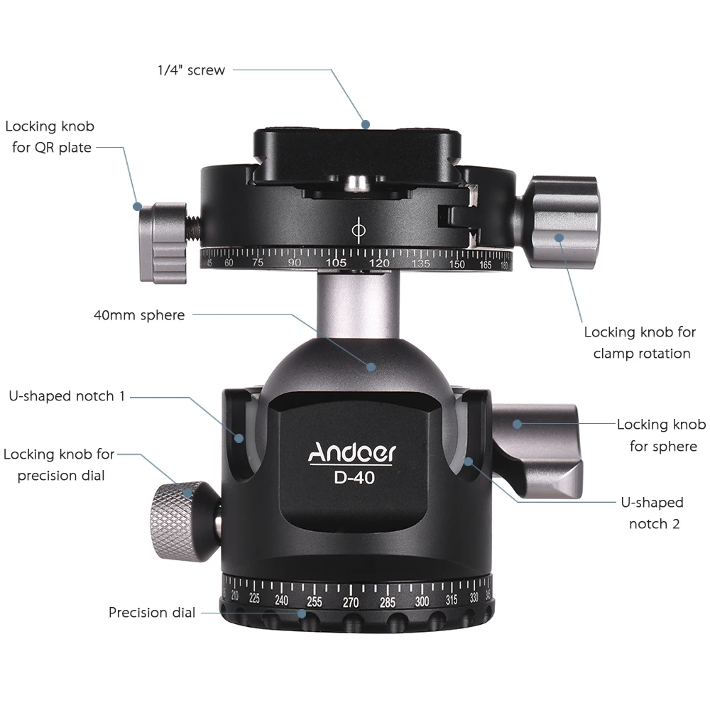 Двойная панорамная головка Andoer D-40 шаровая Головка двойная u-образная конструкция низкий центр тяжести для штатива монопода DSLR ILDC Макс 25 кг