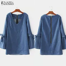 Плюс размеры стильный синий деним блузка для женщин Туника Топы корректирующие ZANZEA рюшами Flare рукавом рубашки для мальчиков 5XL V образным вырезо