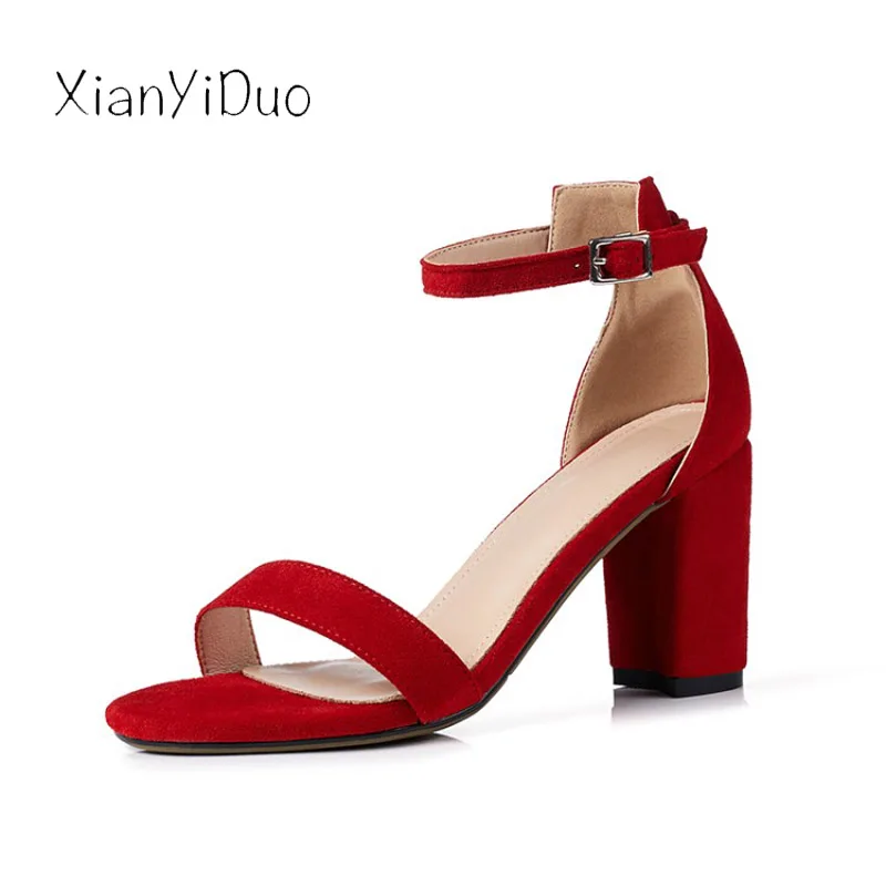 

2019 Summer new Women's Shoes Sandals Classic High Heel Sexy open toe cover heel Block red Beige Light Blue Buckle Strap