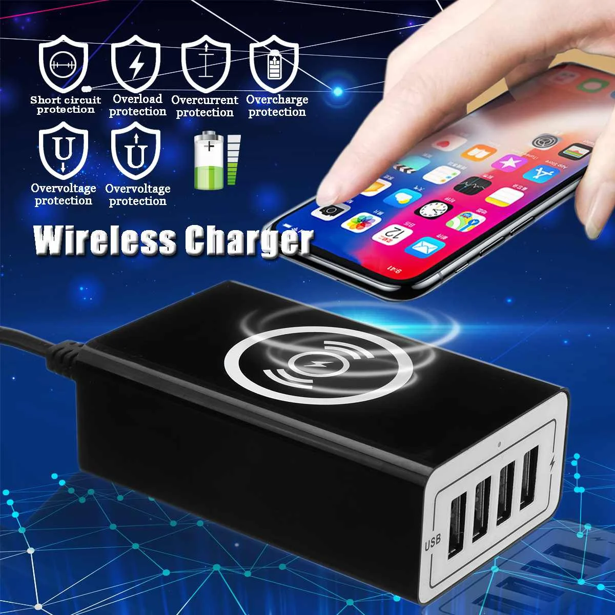 

LEORY 4-Port USB Charger QC3.0 Fast Wireless Charger Hubs Adapter with Type-C Port for Mobile Phone DC 5V