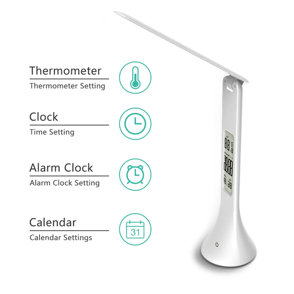  USB Chargeble LED Desk Lamp Foldable Dimmable Touch-Type Table Lamp with Calendar Temperature Alarm - 32952217731