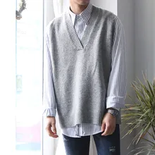 Мужской свитер жилет Весна Свободный сплошной цвет v-образный вырез пуловер шерстяной жилет пара Молодежная куртка повседневная мужская одежда