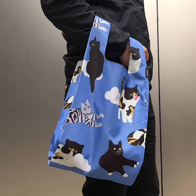 

[Super Seabob] 2019 Spring Woman New Stylish Blue Color Cat Pattern Double Handles Portable Shopping Bag Handbag All Match LI729