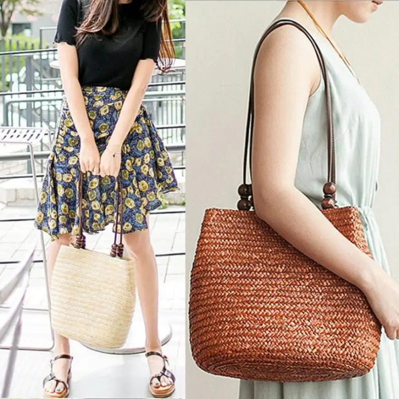 

Summer Women Bag Vintage Women Shoulder Bag Fashion Casual Rattan Woven Bead Beach Travel Straw Handbag Tote