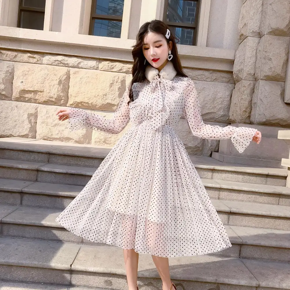 

2019 spring new bow collar with fur long flare sleeve female chiffon dress sweet ruffles patchwork high waist lady pleated dress