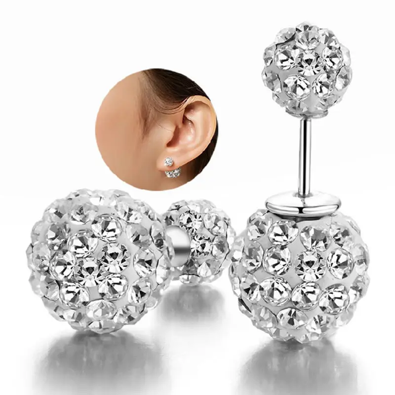 

New style Fashion Womens 925 Silver Double Crystal Ball Ear Earrings Jewelry Two beads Popular Ornaments gift Ear