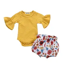 Милый комбинезон в горошек с короткими рукавами для новорожденных девочек 0-18 месяцев, топы, шорты с цветочным принтом, детские шаровары, комплект из 2 предметов, комплект одежды для девочек