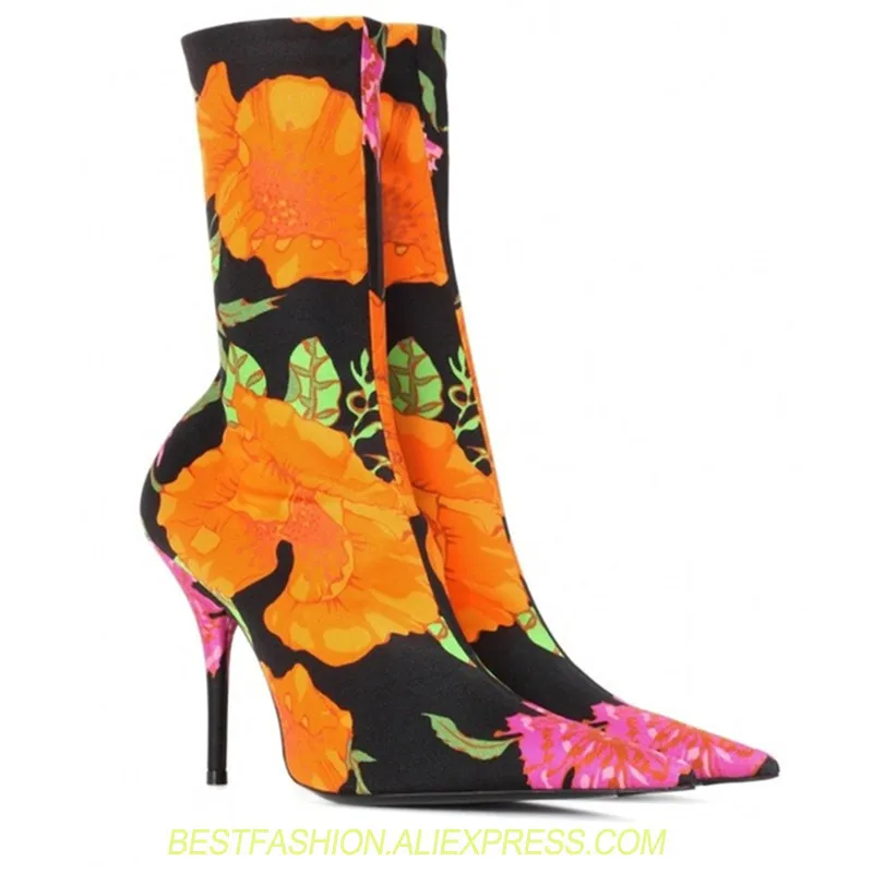 

Sexy High Heels Women Boots Stiletto shoes Floral purple satin velvet Short Women Sock Boots Pointed Toe Mid-Calf Boots women