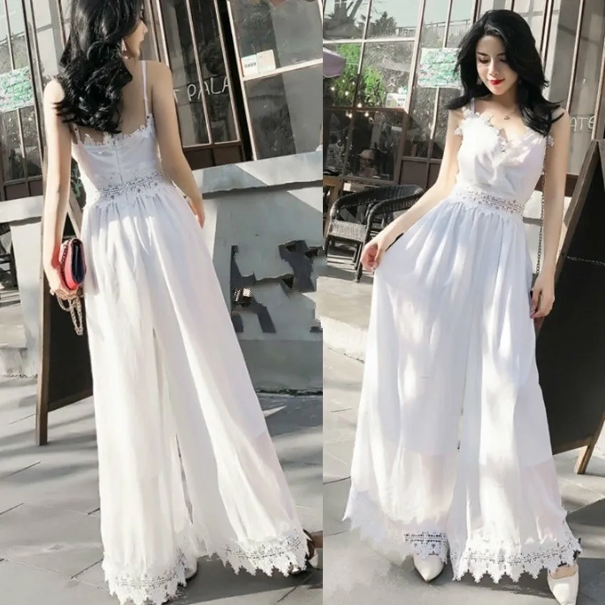 

White Solid Chiffon Jumpsuits Women Lace Patchwork Wide Leg Ankle Length Strapless Pants Fashion Female Jumpsuit