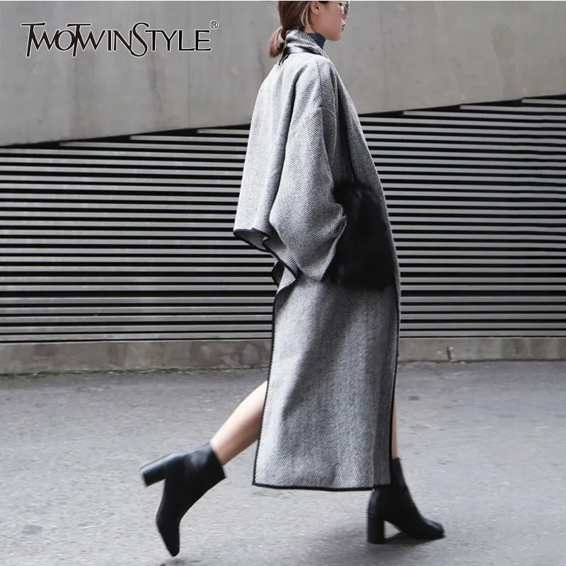 TWOTWINSTYLE шерсть шаль для женщин воротник с лацканами длинным рукавом нерегулярные кардиган пальто Женская мода 2018 осень зима новый